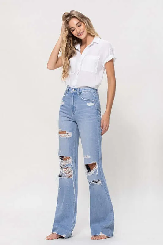 90s Vintage Light Denim Distressed Flare Jeans