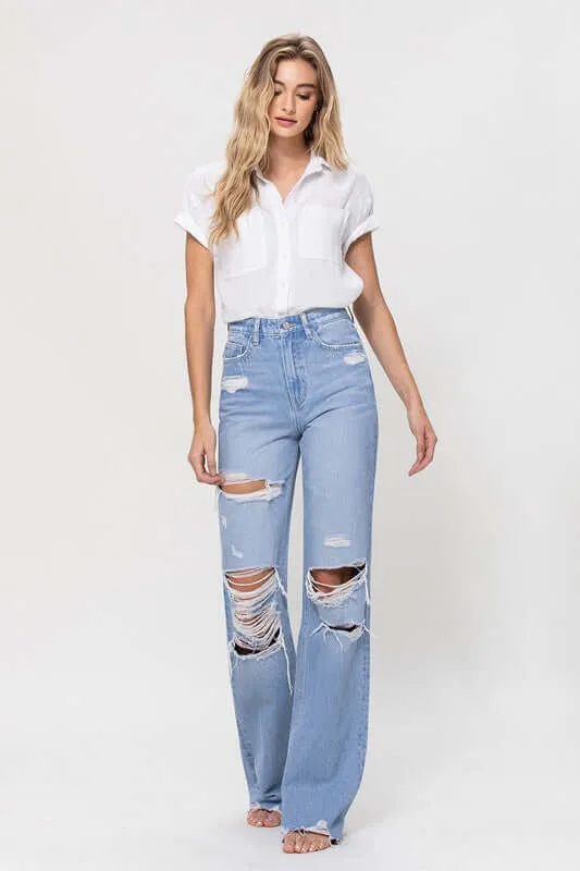 90s Vintage Light Denim Distressed Flare Jeans