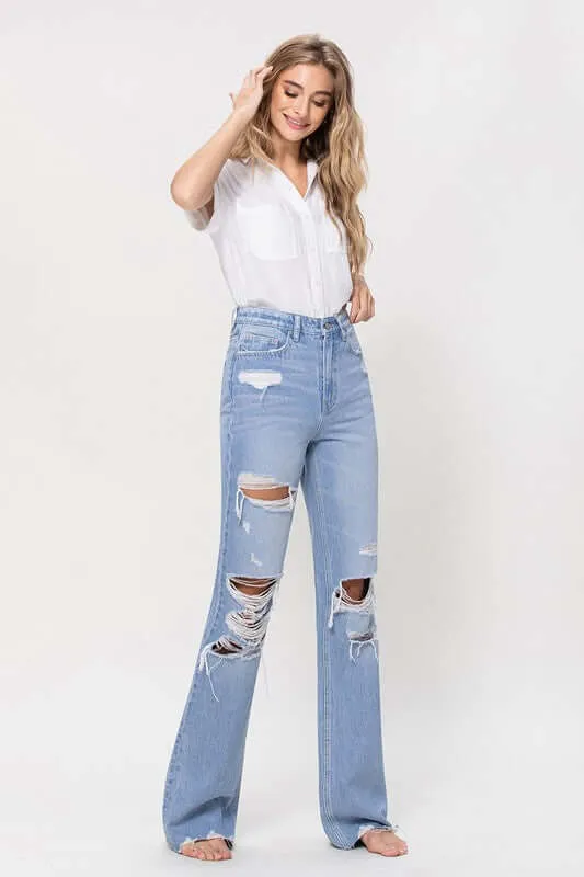 90s Vintage Light Denim Distressed Flare Jeans