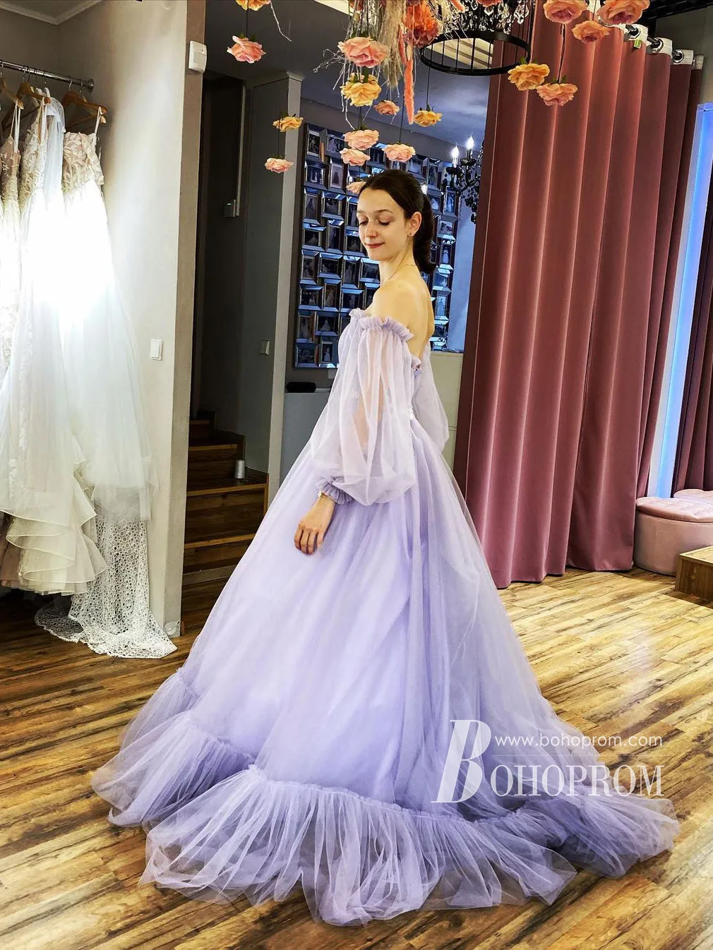 Amazing Off-the-shoulder Long Sleeves Beaded Appliqued Slit Tulle Prom Dresses PD594