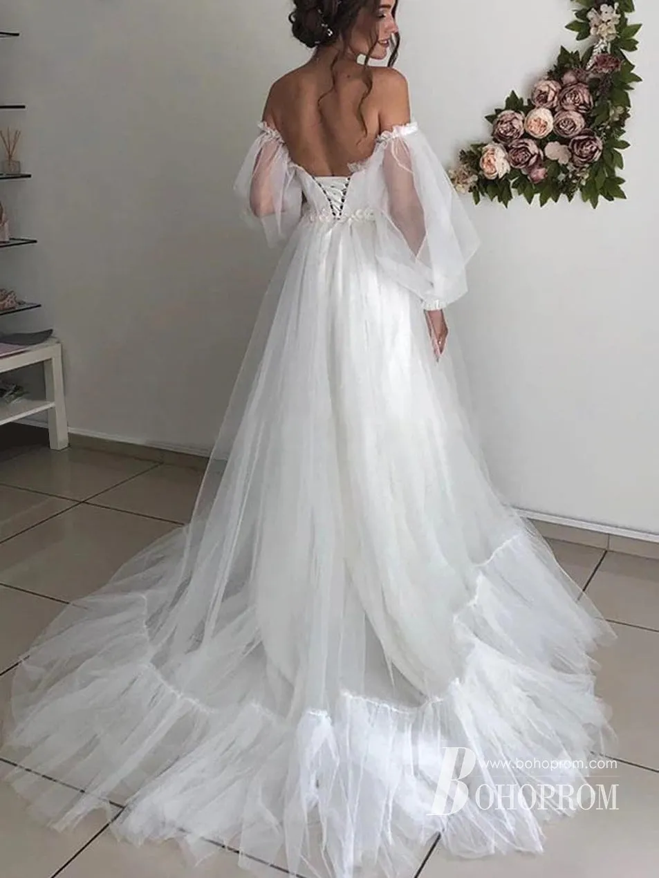 Amazing Off-the-shoulder Long Sleeves Beaded Appliqued Slit Tulle Prom Dresses PD594