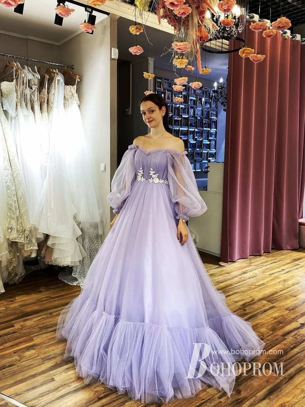 Amazing Off-the-shoulder Long Sleeves Beaded Appliqued Slit Tulle Prom Dresses PD594
