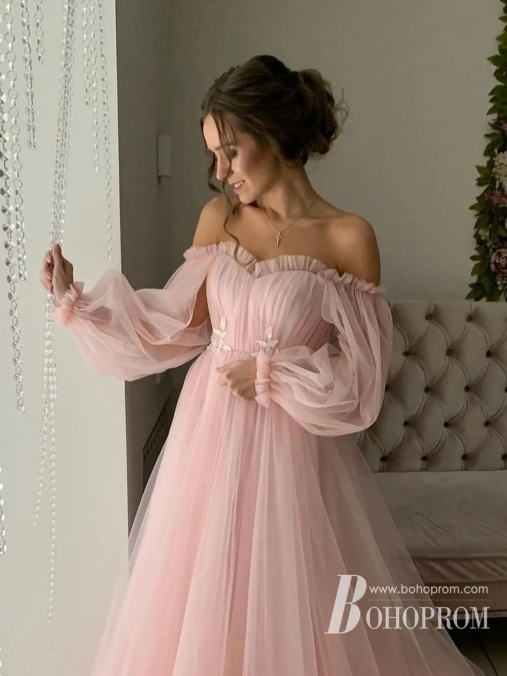 Amazing Off-the-shoulder Long Sleeves Beaded Appliqued Slit Tulle Prom Dresses PD594