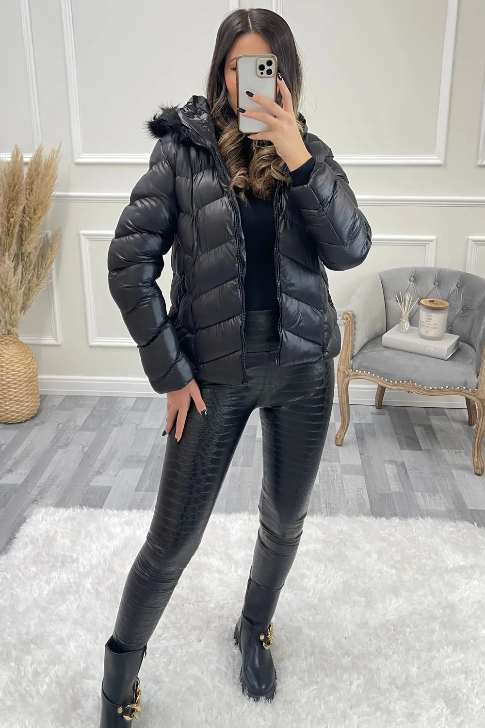 Padded Faux Fur Hooded Coat with Chevron Pattern in Avia Black Wet Look