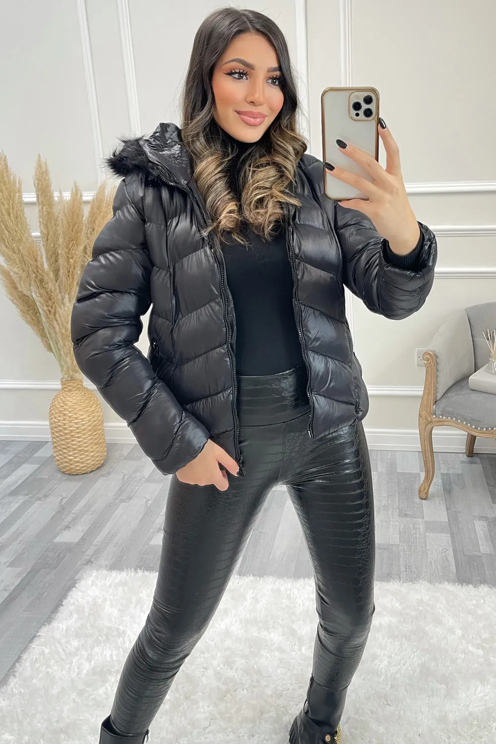 Padded Faux Fur Hooded Coat with Chevron Pattern in Avia Black Wet Look