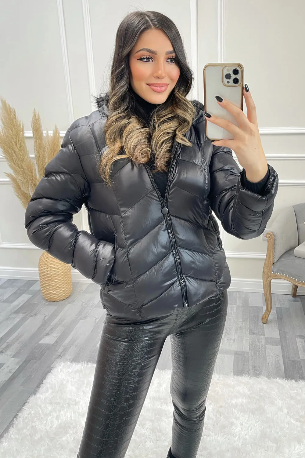 Padded Faux Fur Hooded Coat with Chevron Pattern in Avia Black Wet Look
