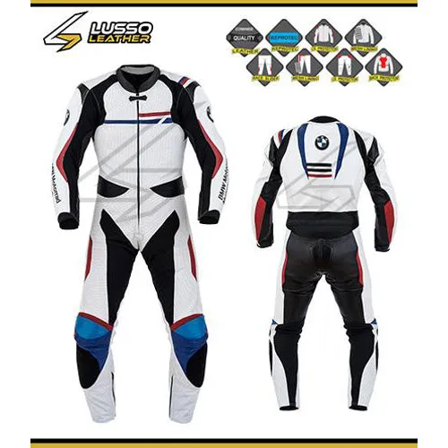 BMW white, blue and red leather suit