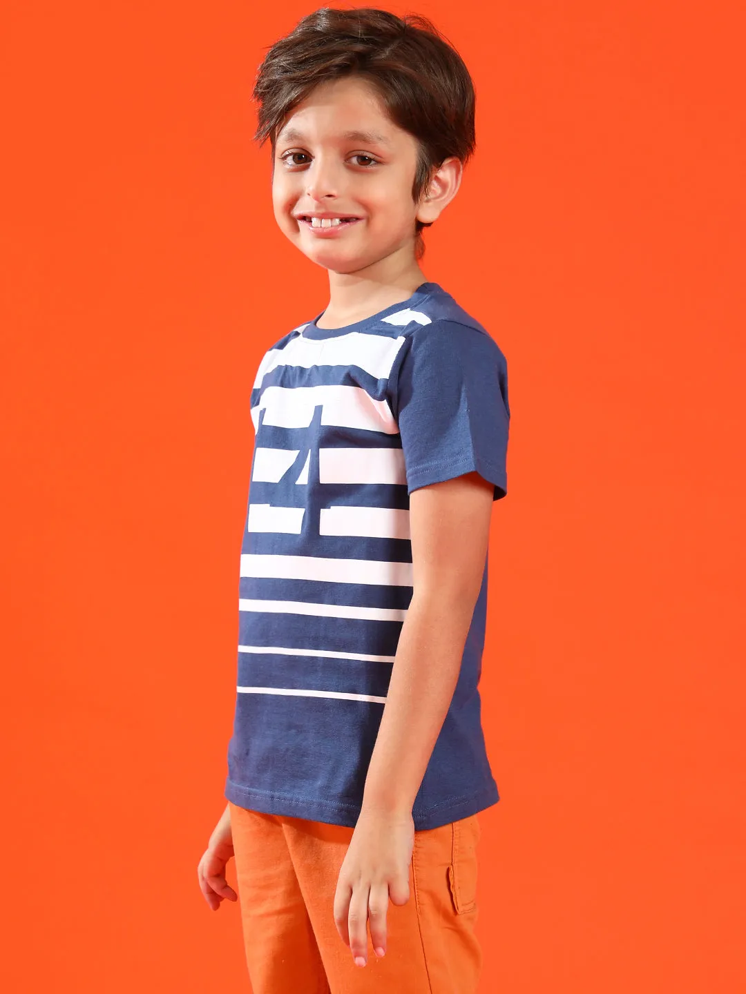 Boys Navy Blue 100% Cotton Printed T-shirt