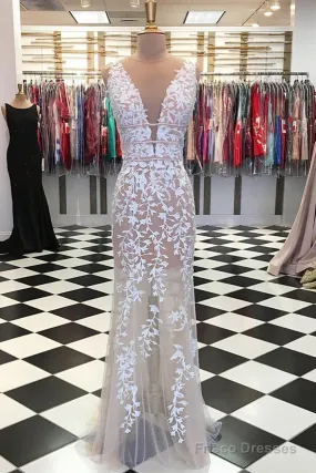 Deep V Neck Champagne Lace Prom Dresses, V Neck Champagne Lace Wedding Dresses Formal Evening Dresses