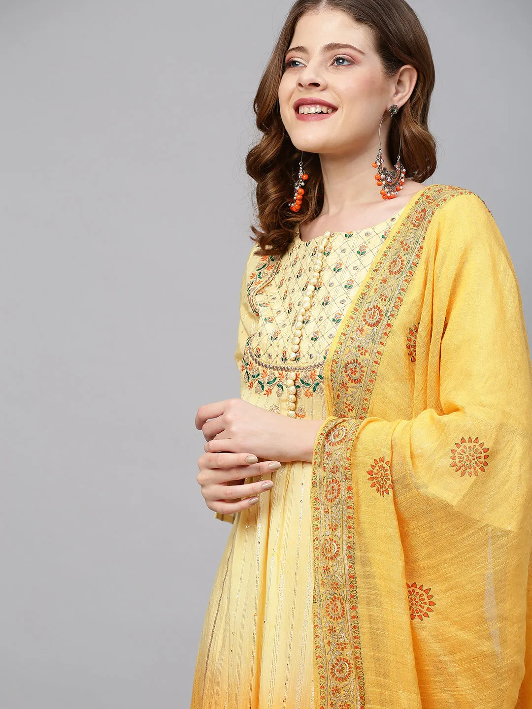 Ethnic Embroidered A-Line Flared Kurta with Pants and Dupatta - Yellow