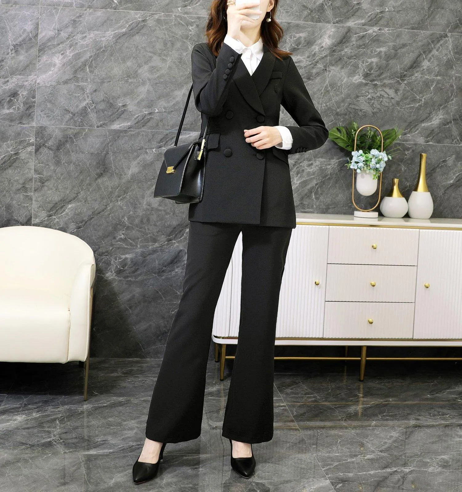 Formal Double-Breasted Office Blazer & Pants Two Piece Set