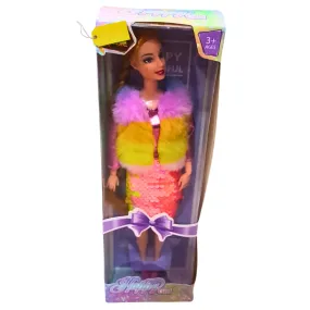 Happy Girl Sequin Fashion Dolls – Sparkling Dresses with Colorful Fur Vests – Glamorous Play for Kids (3 )