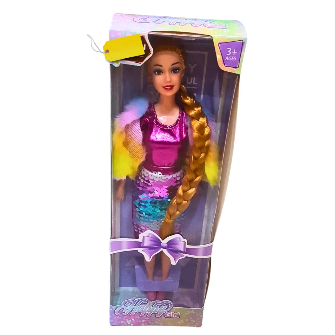 Happy Girl Sequin Fashion Dolls – Sparkling Dresses with Colorful Fur Vests – Glamorous Play for Kids (3 )