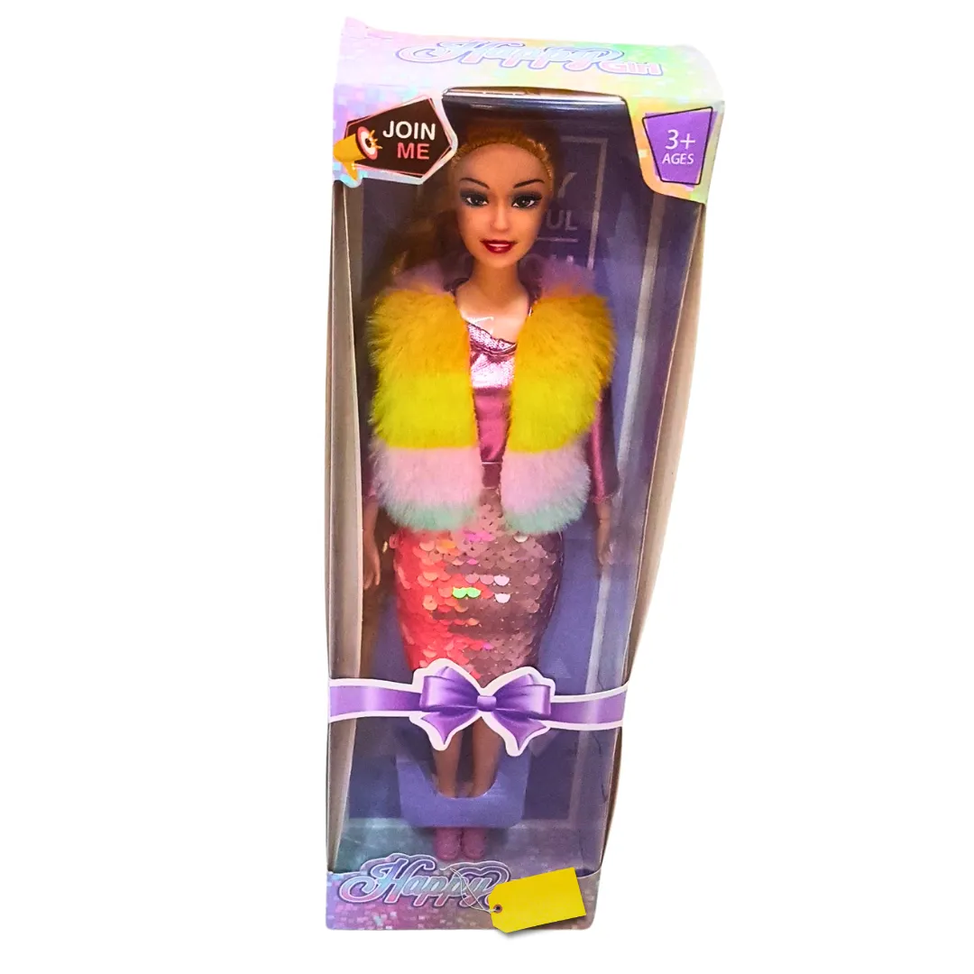 Happy Girl Sequin Fashion Dolls – Sparkling Dresses with Colorful Fur Vests – Glamorous Play for Kids (3 )