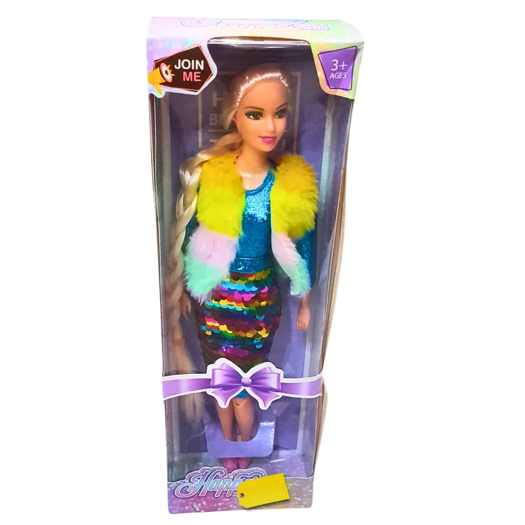 Happy Girl Sequin Fashion Dolls – Sparkling Dresses with Colorful Fur Vests – Glamorous Play for Kids (3 )