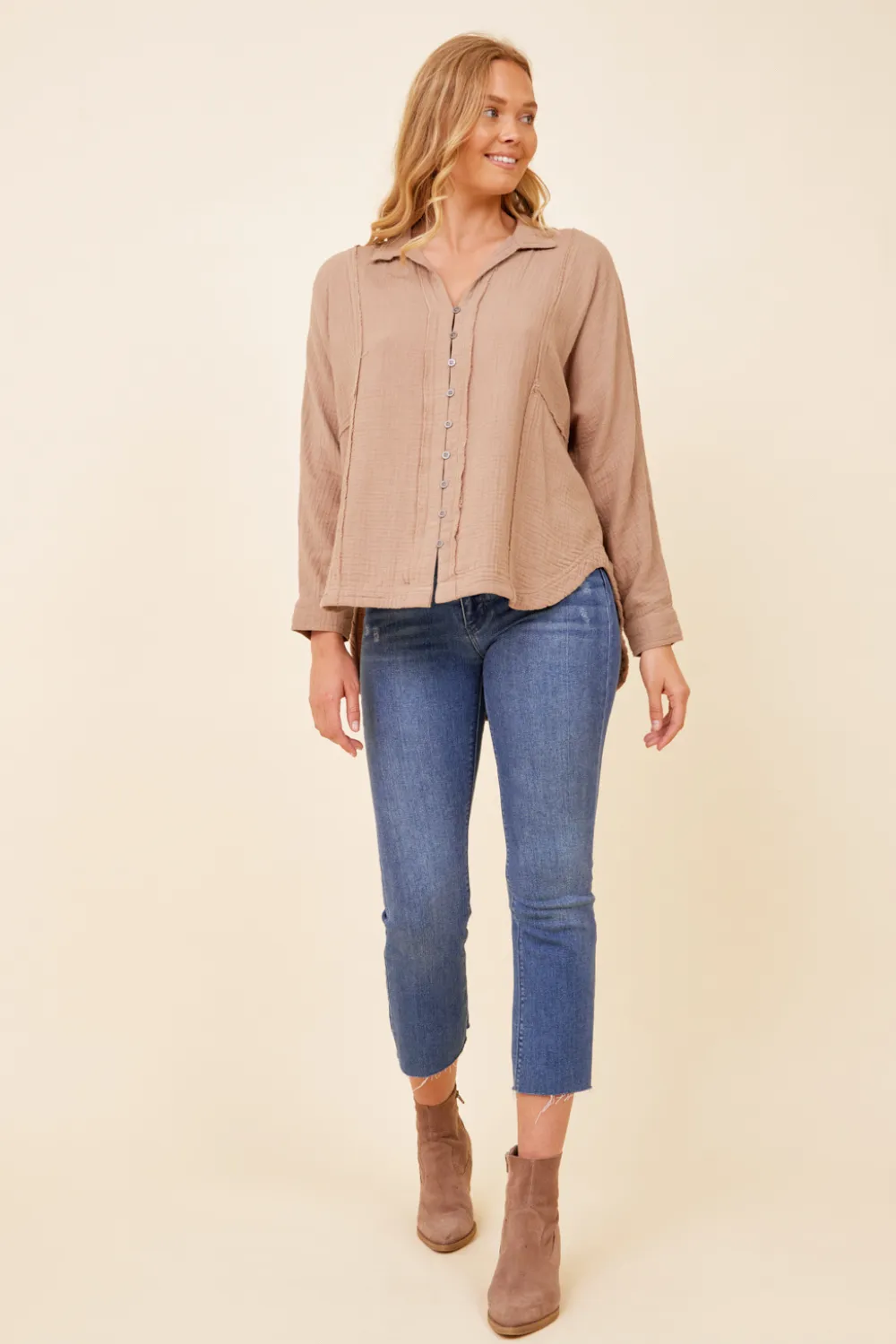 Light Taupe Gauze Button Down