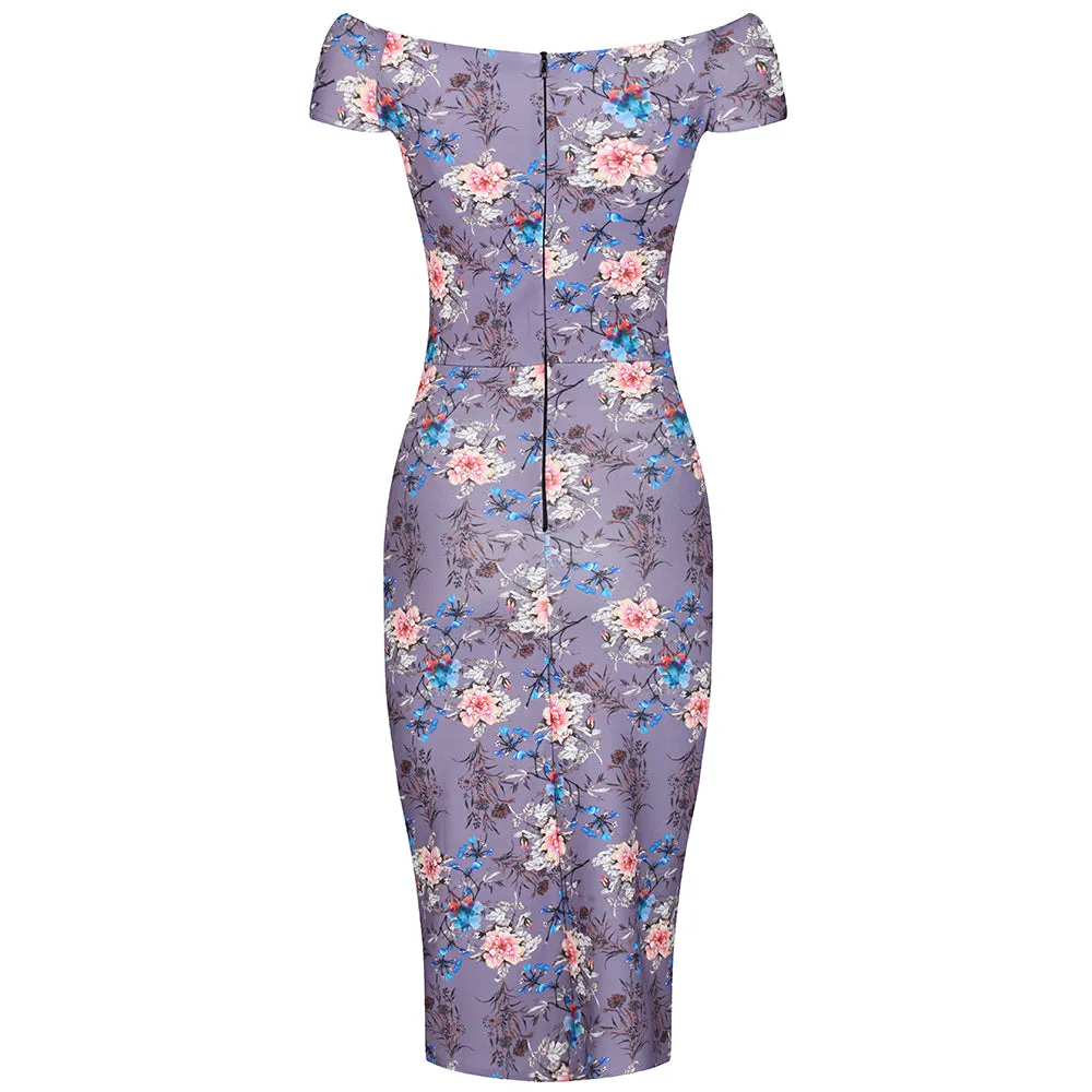 Mauve Floral Cap Sleeve Crossover Top Bardot Wiggle Dress