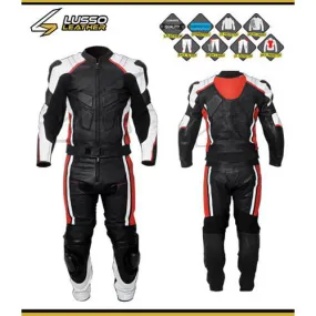 Sawyer's black, red and white motorcycle leather suit