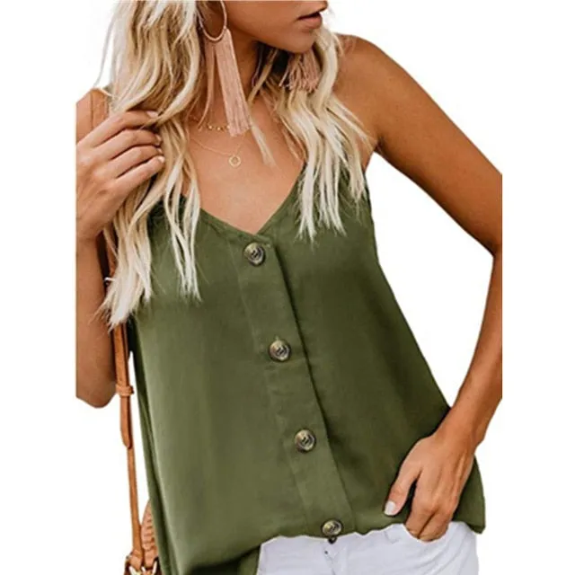 Womens Summer Sexy Casual V-Neck Sleeveless Button Camisole 2019 Tank Tops Sleeveless shirt blouse Plus size code S-3XL